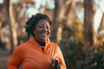 Canvas Print - A happy woman wearing an orange jacket smiles at the camera