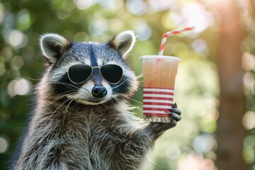 Sticker - A raccoon wearing sunglasses holds a refreshing drink, ready for a fun day out