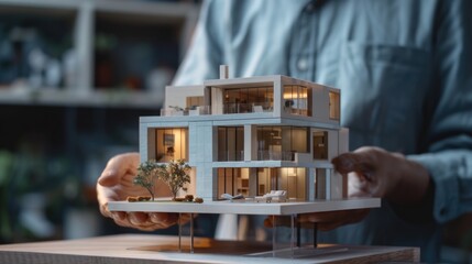 Aufkleber - A person holding a scale model of a building, ideal for architecture or design purposes