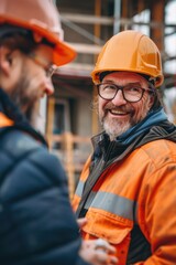 Poster - Construction workers on site, two men in orange hard hats communicating,