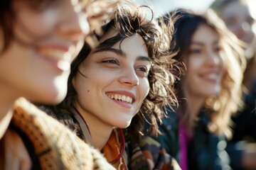 group of friends posing together, smiling and looking at the camera