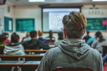 Canvas Print - A teacher sits at his desk surrounded by students in a classroom setting