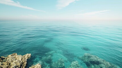 Poster - A scenic view of a body of water with rocks in the foreground, great for use in travel or outdoor-related projects