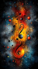 Wall Mural -   A painting of music notes and planets on a black background with stars and a swirl in the center - optimized