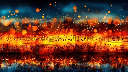 Wall Mural -  A fire painting featuring music notes in the foreground and a blue, cloud-filled sky in the background