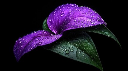 Canvas Print -   Purple flower close-up with water droplets on petals and green leaf on black background