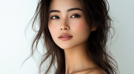 Close-up portrait of a beautiful young woman with long dark hair, looking away from the camera, with a light makeup look, against a white background.