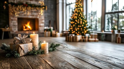 Wall Mural - Cozy Christmas scene with candles, wrapped gifts, and a beautifully decorated tree.