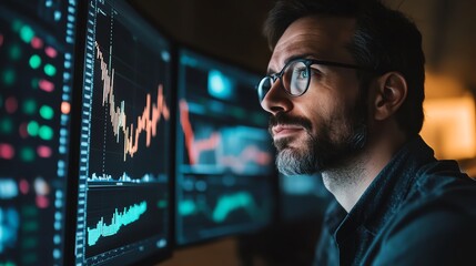 Man analyzing stock data on multiple screens.