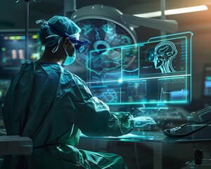 Wall Mural - Surgeon Utilizing Holographic Displays for Real Time Anatomical Visualization in High Tech Operating Room