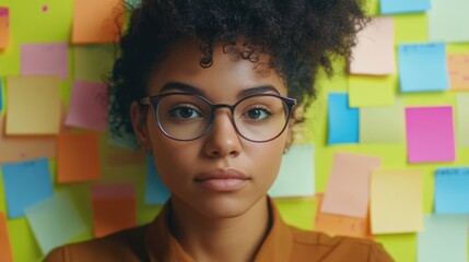 Wall Mural - Woman Standing in Front of Post-it Notes Wall