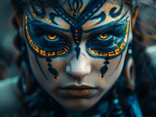 Fierce and Unyielding Warrior Princess Portrait with Powerful Facial Symbols and Blazing Eyes