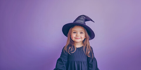 A happy smiling toddler girl wearing a witch hat in a cheerful Halloween setting