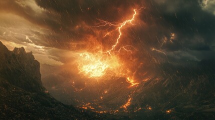 Poster - A fiery, lightning-filled sky above a mountainous landscape