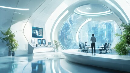 Poster - Futuristic Office Interior with Earth View and Person Looking Out Window