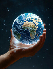 World Habitat Day concept: human hands holding fragile earth, glass globe with neon lights in palms on blurred background.