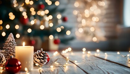 Wall Mural - Festive Christmas decorations with candle, ornaments, and pinecones on wooden table.