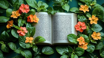 Poster - Open Book Surrounded by Green Leaves and Orange Flowers