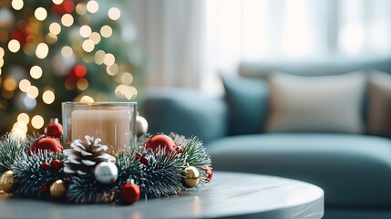 Wall Mural - Holiday wreath with candle on a table, Christmas tree in background.