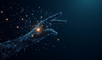 Wall Mural - close up shot of a hand touching a digital neural network with high technology, modern science, crea