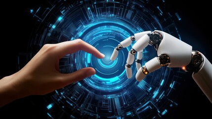 Poster - Human and robotic hands reaching toward each other in front of a digital interface