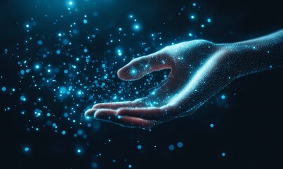 Wall Mural - close up shot of a hand touching a digital neural network with high technology, modern science, crea