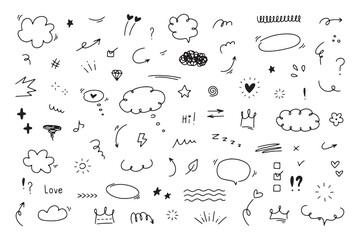 Aufkleber - Hand drawn simple doodle elements. Sketch line vector speech bubbles, underlines, emphasis, arrows, highlights, sparkle elements.