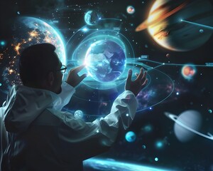 Poster - Scientist Interacting with Holographic Solar System Exploring Distant Planets and Stars