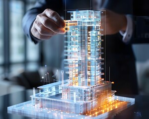 Poster - architect designing futuristic skyscraper using holographic interface and 3d model