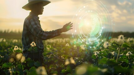 Poster - farmer using holographic interface to monitor crop data in field with floating charts and graphs