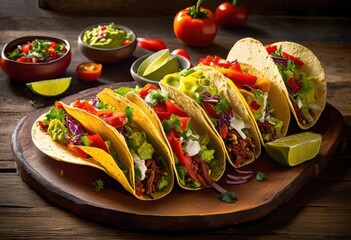 colorful vibrant tacos displayed rustic wooden surface variety bright toppings creating feast eyes, tortilla, salsa, avocado, onion, tomato, cilantro