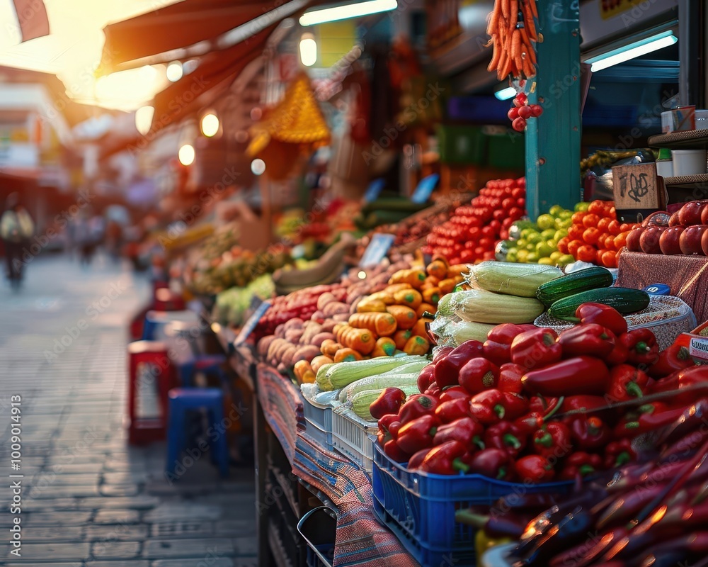Street market with diverse stalls, lively and bustling, Urban, Bright ...