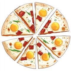 Sticker - A circular pizza sliced into eight pieces, topped with eggs, bacon, and green onions.