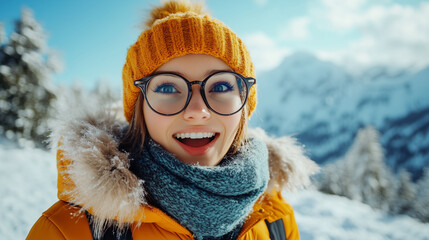 Portrait of surprised tourist on top of mountain. Winter landscape background. Surprised truist looking at camera. Bokeh effect. AI generative