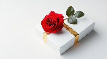 Luxury packaging with a red rose and gold accents, isolated on white background