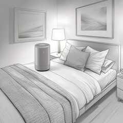 Wall Mural - A minimalist bedroom featuring a smart device on the bedside table.