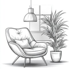 Wall Mural - A minimalist sketch of a cozy chair, lamp, and plant in a bright interior setting.