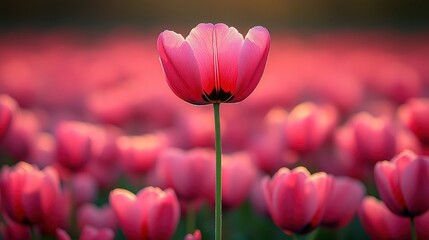 Poster - Pink Tulip in a Field of Tulips at Sunset