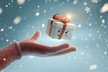 Hand holding gift box. Surprise package with snowman.