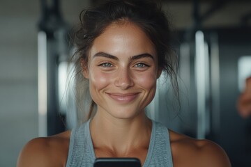 A joyful young woman in exercise attire takes a selfie at the gym, highlighting a calm demeanor and a sense of commitment towards a healthy lifestyle.