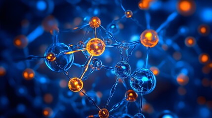 Poster - a digital network of molecules connected by luminous, glowing atomic bonds (ionic, covalent, and met
