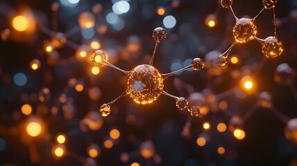 Poster - a digital network of molecules connected by luminous, glowing atomic bonds (ionic, covalent, and met
