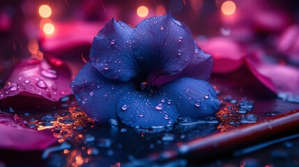 Poster - Blue Flower with Dew Drops and Pink Petals in Romantic Setting