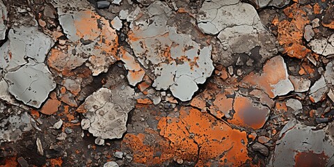 A weathered surface with a mosaic of cracked and flaking paint, revealing the underlying layers of time and exposure