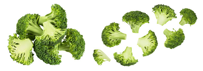 Canvas Print - fresh broccoli in wooden bowl isolated on white background close-up with full depth of field. Top view. Flat lay