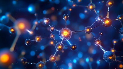 Poster - a digital network of molecules connected by luminous, glowing atomic bonds (ionic, covalent, and met
