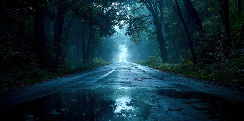 Poster - A dark forest road with a wet road and trees in the background