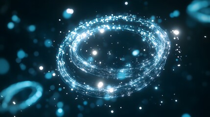 Poster - A cybernetic model where electron shells are visualized as radiant, spinning rings of light, showing their configuration within an atom in a digital environment