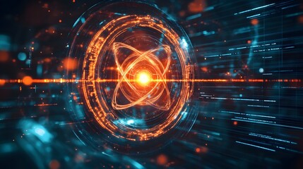 Poster - A cybernetic model where electron shells are visualized as radiant, spinning rings of light, showing their configuration within an atom in a digital environment