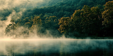 Poster - A misty forest with a lake in the background